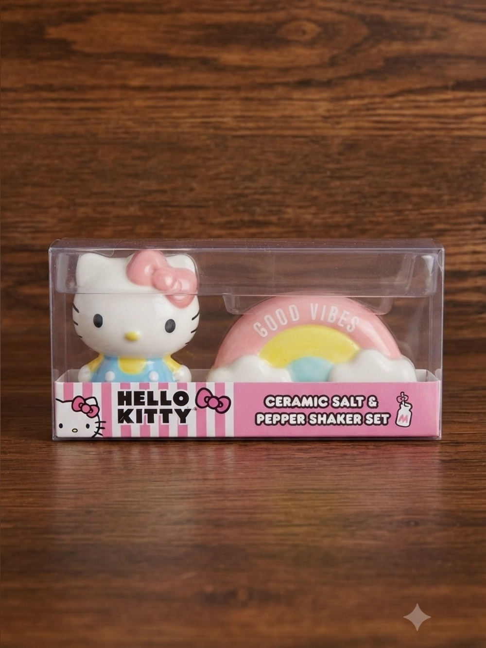 Sanrio Hello Kitty Ceramic Salt and Pepper Shaker Set Rainbow Good Vibes Box